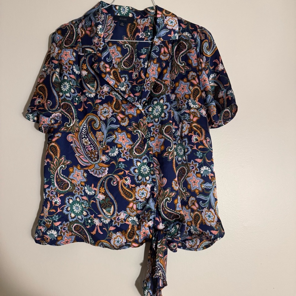 Navy Floral Paisley Tie-Front Blouse Large